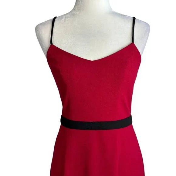 Dress the Population Emma V Neck Red Sleeveless Belted Holiday Midi Dress Size S Midi